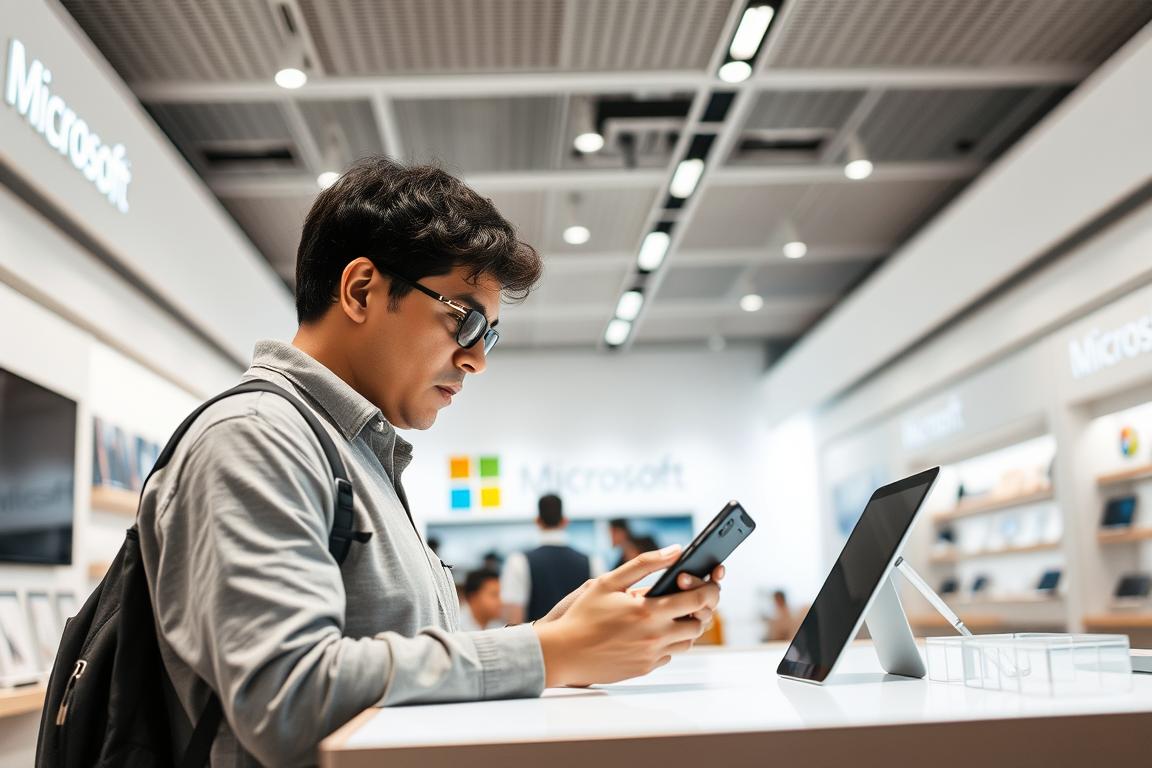 A Microsoft Store interior with a focused customer standing before a display counter, examining a device intently. The lighting is bright and clean, highlighting the sleek, modern design of the store's fixtures. The customer's expression conveys a sense of concentration as they troubleshoot the device, surrounded by a neatly organized array of products. The background features a neutral, minimalist palette, drawing the viewer's attention to the central interaction. The overall atmosphere is one of efficiency and problem-solving within the context of a high-tech retail environment.