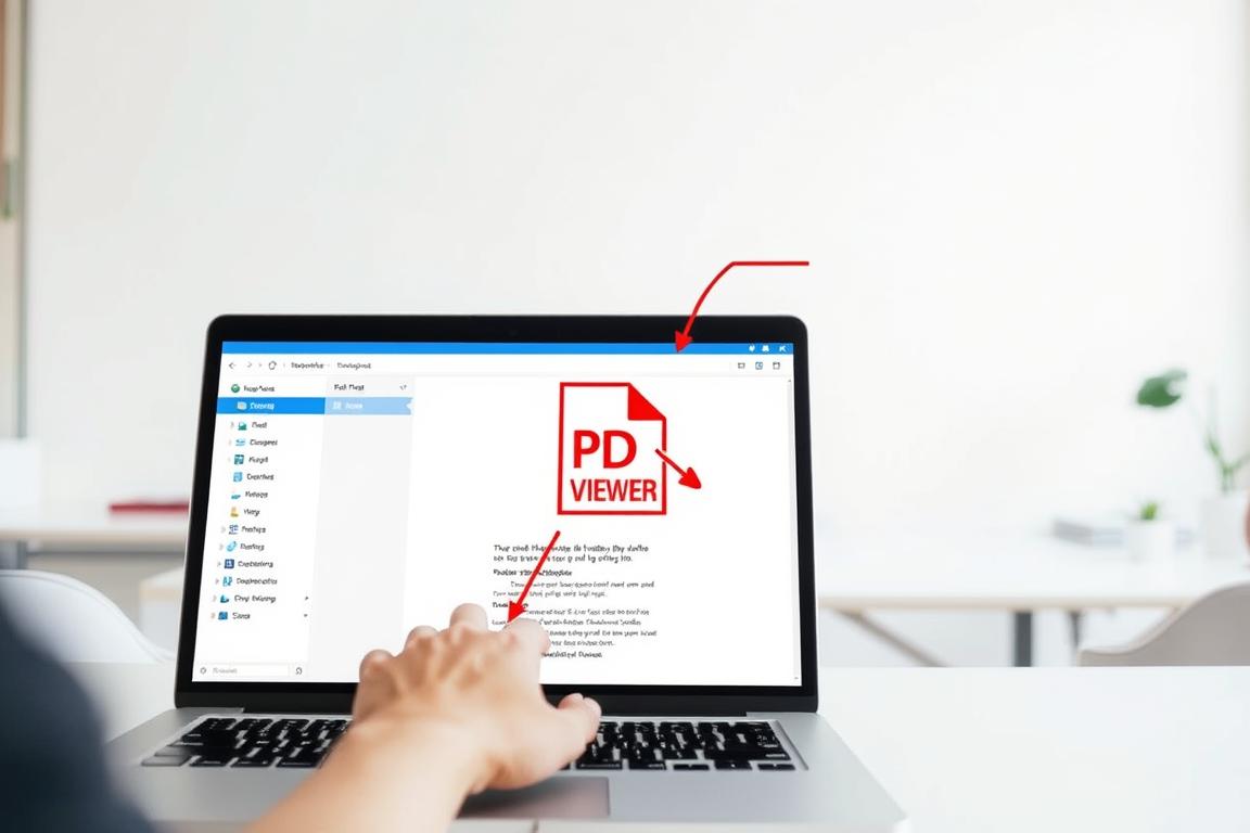 A bright, informative step-by-step guide illustrating how to open a PDF file in a web browser. The foreground shows a laptop screen displaying the PDF viewer interface, with clear menu options and controls. The middle ground features a person's hands interacting with the laptop, guiding the viewer through the process. The background has a minimalist, office-like setting with clean lines and neutral tones to keep the focus on the instructional content. Soft, natural lighting illuminates the scene, creating a calm, approachable atmosphere. The overall composition is clean, well-balanced, and designed to visually communicate the tutorial's steps in an intuitive, easy-to-follow manner.