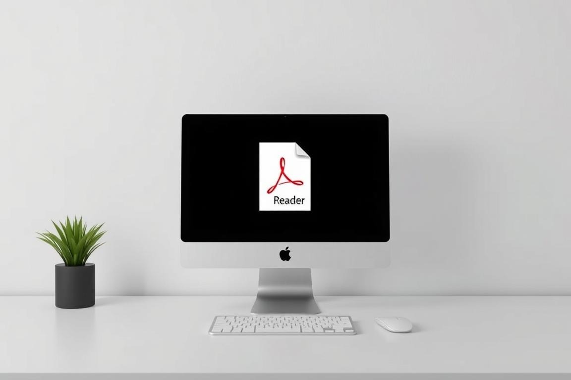 A clean, modern desktop with a prominent window displaying the Adobe Reader interface. The window is centered, capturing the user's attention. The desktop is minimalist, with a neutral color scheme and clean lines to highlight the application. Soft, indirect lighting creates a professional, productive atmosphere. The composition emphasizes the importance of Adobe Reader as the default PDF viewer, conveying a sense of efficiency and organization. The overall mood is one of streamlined functionality and reliable document management.