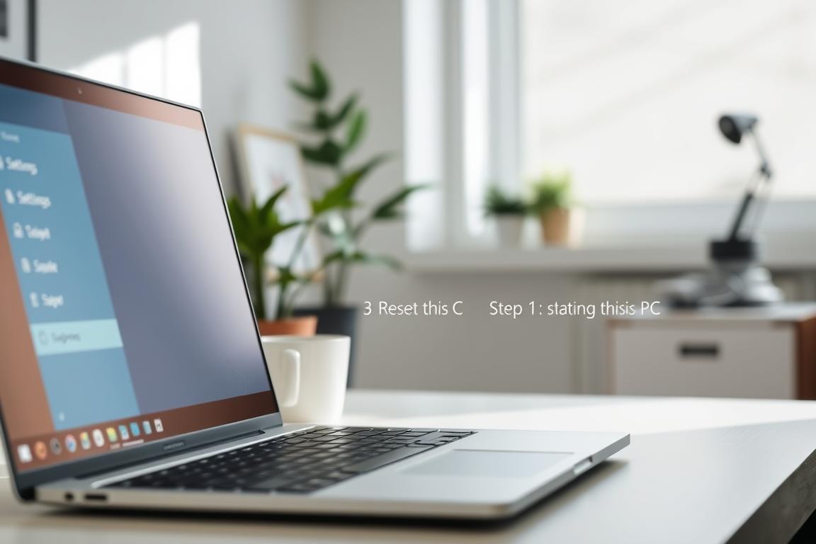 A clean, well-lit desktop scene showcasing the step-by-step process of resetting Windows 10 to factory settings. In the foreground, a laptop displays the Windows Settings menu with the "Reset this PC" option highlighted. In the middle ground, a series of numbered steps illustrate the reset procedure, presented in a clear, easy-to-follow manner. The background features a minimalist office environment, with a plant, a mug of coffee, and other subtle details that create a calm, productive atmosphere. Soft, directional lighting from the left side casts gentle shadows and highlights the laptop's screen. The overall composition is balanced and visually appealing, guiding the viewer's eye through the reset instructions.