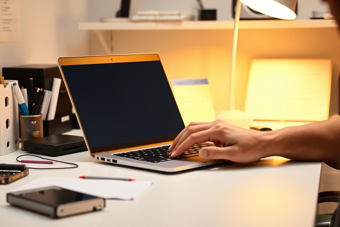 A clean, well-lit office desk with a laptop, external hard drive, and various office supplies. The desktop displays an open file explorer window, with the "Assign Drive Letters" option selected. The user's hands are hovering over the keyboard, ready to input the appropriate drive letter. The scene conveys a sense of focus and problem-solving, with a subtle hint of frustration at the task at hand. Warm lighting illuminates the scene, creating a professional and technical atmosphere.