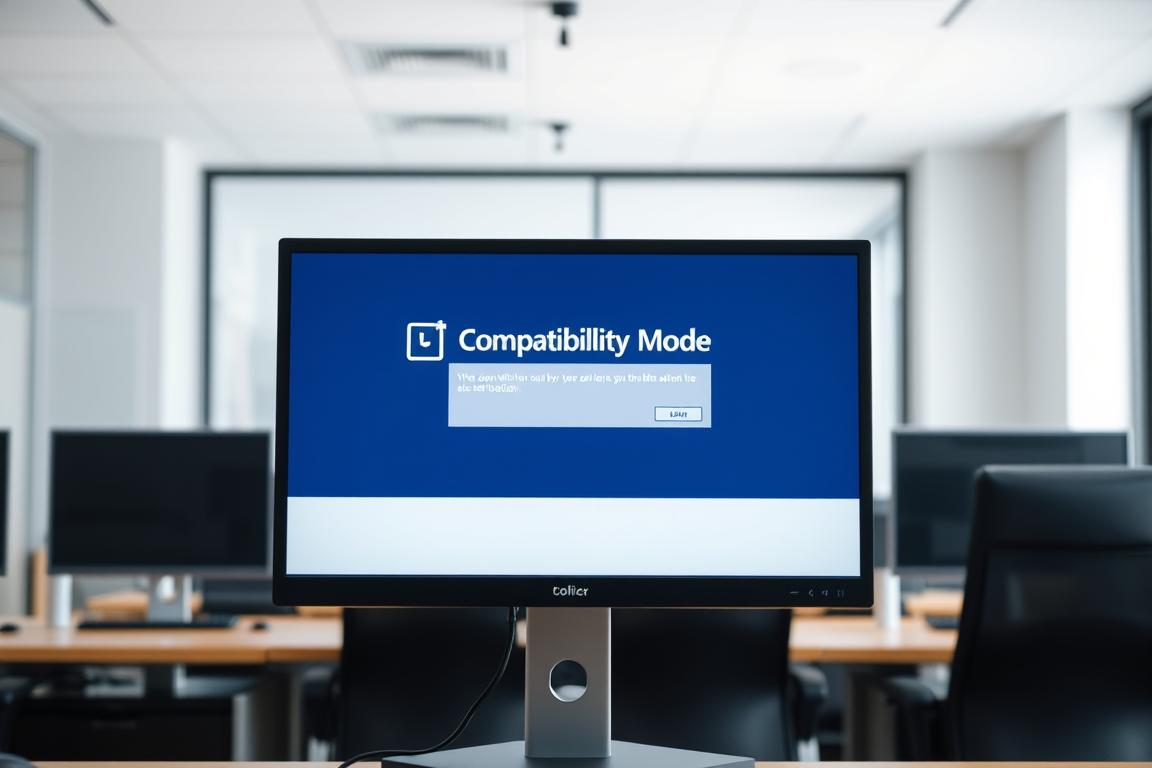 A clean, well-lit office setting with a desktop computer monitor prominently displayed in the center. The monitor's screen shows the "Compatibility Mode" activation window, with clear, legible text and intuitive UI elements. The foreground has a sense of focus and attention, while the background is softly blurred, creating a sense of depth and emphasis on the key subject matter. The lighting is natural and evenly distributed, giving the scene a professional, productive atmosphere. The camera angle is slightly elevated, creating a slightly bird's-eye view that helps showcase the monitor and its contents. The overall mood is one of clarity, usefulness, and technological competence.