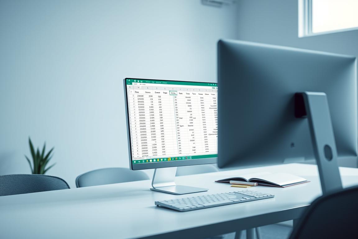 A clean, well-lit office space with a modern desk and computer setup. On the computer screen, an Excel spreadsheet is open, its column headers prominently displayed and locked in place, allowing the user to easily navigate the data. The scene has a sense of focus and efficiency, with a subtle blue-gray color palette that evokes a professional, tech-savvy atmosphere. The camera angle is slightly elevated, providing a clear view of the spreadsheet and conveying a sense of control and mastery over the data. Soft, directional lighting illuminates the workspace, creating depth and emphasizing the importance of the task at hand.