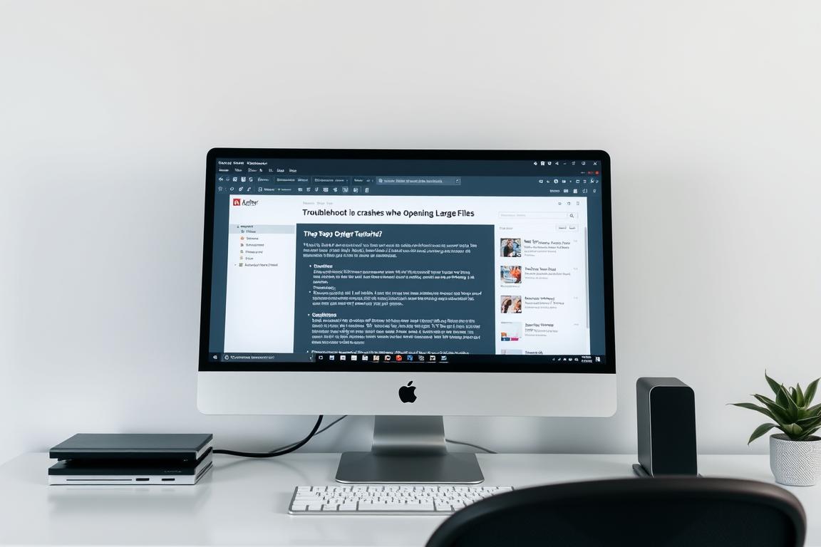 A clean, well-lit workspace with a modern desktop computer and a high-resolution monitor. On the screen, an open Adobe Reader interface showcasing a step-by-step tutorial for troubleshooting crashes when opening large files. The tutorial displays clear, concise instructions with accompanying visuals to guide the user through the process. The lighting is soft and diffused, creating a calm and focused atmosphere. The camera angle is slightly elevated, providing a comprehensive view of the tutorial. The overall composition exudes a sense of professionalism and clarity, reflecting the subject matter of the article. A clean, well-lit workspace with a modern desktop computer and a high-resolution monitor. On the screen, an open Adobe Reader interface showcasing a step-by-step tutorial for troubleshooting crashes when opening large files. The tutorial displays clear, concise instructions with accompanying visuals to guide the user through the process. The lighting is soft and diffused, creating a calm and focused atmosphere. The camera angle is slightly elevated, providing a comprehensive view of the tutorial. The overall composition exudes a sense of professionalism and clarity, reflecting the subject matter of the article.