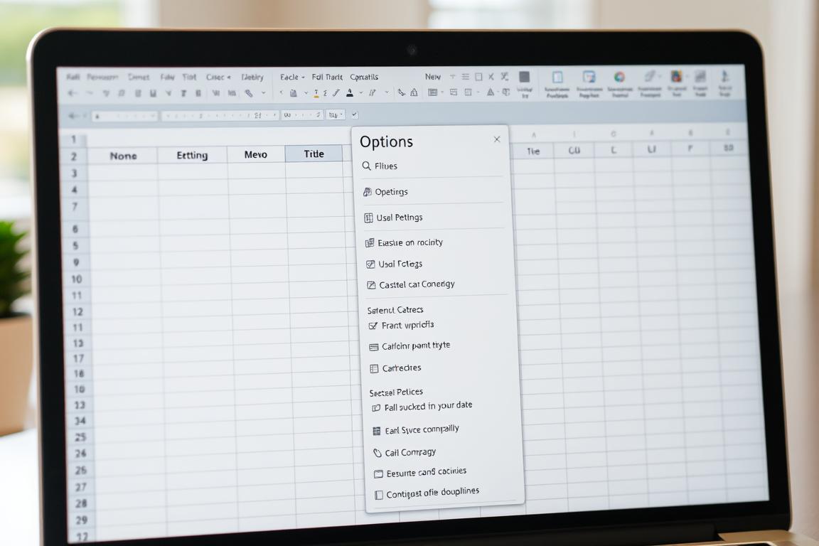 A clean, well-organized Excel spreadsheet with a focus on the "Options" menu, illuminated by soft, natural lighting. The spreadsheet appears to be open on a laptop or desktop computer screen, with a sleek, modern interface. The "Options" tab is prominently displayed, showcasing various settings and configurations that can be customized. The background is subtly blurred, drawing the viewer's attention to the spreadsheet and the "Options" menu. The overall mood is one of productivity, control, and attention to detail.