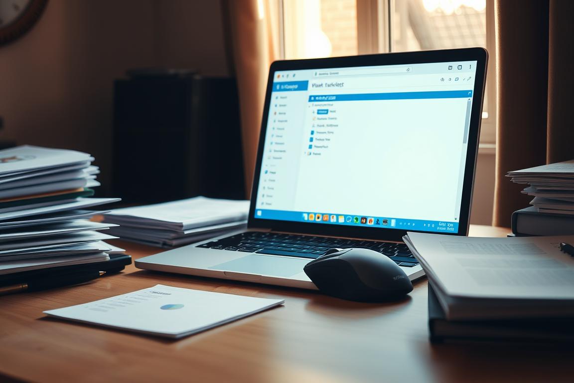 A clean, well-organized desk with a laptop, a mouse, and a stack of documents. The laptop screen displays a file explorer window showing the available disk space. Warm, natural lighting from a nearby window casts a soft glow over the scene. The desktop is slightly cluttered, but the overall atmosphere conveys a sense of focused productivity. The image should feel like a step-by-step guide to checking available storage space, reflecting the informative and instructive nature of the article section. A clean, well-organized desk with a laptop, a mouse, and a stack of documents. The laptop screen displays a file explorer window showing the available disk space. Warm, natural lighting from a nearby window casts a soft glow over the scene. The desktop is slightly cluttered, but the overall atmosphere conveys a sense of focused productivity. The image should feel like a step-by-step guide to checking available storage space, reflecting the informative and instructive nature of the article section.