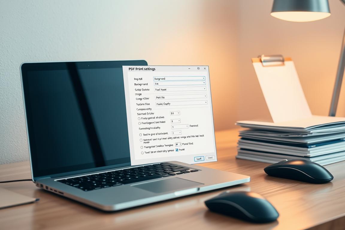 A clean, well-organized office desk with a laptop, mouse, and a stack of documents. In the foreground, an open Microsoft Word window displays the PDF print settings menu, showcasing options for background color, image quality, and other customizations. Soft, warm lighting illuminates the scene, creating a productive and professional atmosphere. The image should convey a sense of purposeful workflow and attention to detail in preparing a document for optimal PDF printing. A clean, well-organized office desk with a laptop, mouse, and a stack of documents. In the foreground, an open Microsoft Word window displays the PDF print settings menu, showcasing options for background color, image quality, and other customizations. Soft, warm lighting illuminates the scene, creating a productive and professional atmosphere. The image should convey a sense of purposeful workflow and attention to detail in preparing a document for optimal PDF printing.