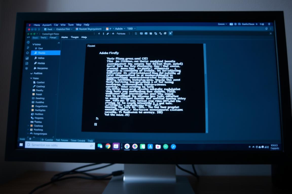 A close-up view of a desktop computer screen displaying the Adobe Firefly application, with various text recognition issues prominently featured. The screen shows a blurry or distorted text area, indicating the software's inability to accurately parse the written content. The overall lighting is neutral, highlighting the technical nature of the problem. The camera angle is slightly elevated, creating a sense of the user's perspective when encountering this challenge. The composition emphasizes the centrality of the screen, drawing the viewer's attention to the core issue at hand - the failure of the text recognition functionality within the Firefly application.