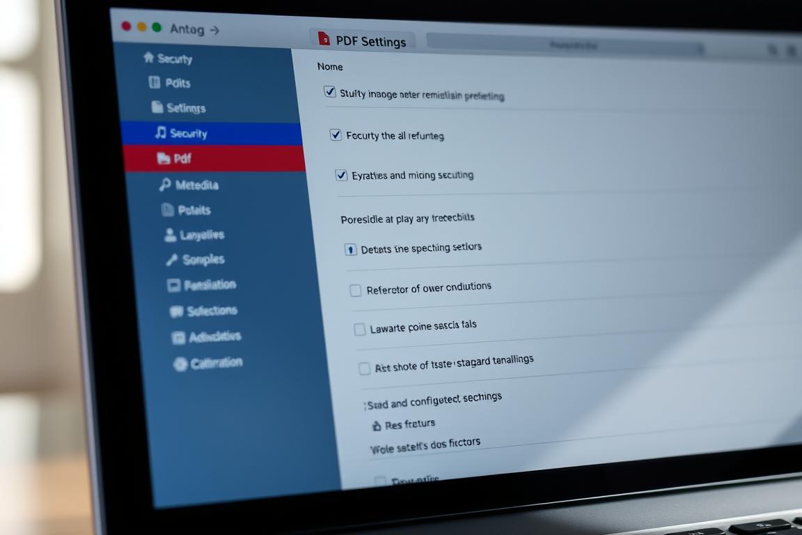 A close-up view of a laptop screen displaying the PDF settings menu, with adjustable options for security, permissions, and metadata. The screen is well-lit, with soft directional lighting casting subtle shadows, creating a sense of depth and dimension. The interface is clean and intuitive, with clear icons and labels guiding the user through the various configuration options. The background is slightly blurred, keeping the focus on the screen and the task at hand. The overall mood is one of concentration and problem-solving, reflecting the need to address security issues with PDFs.
