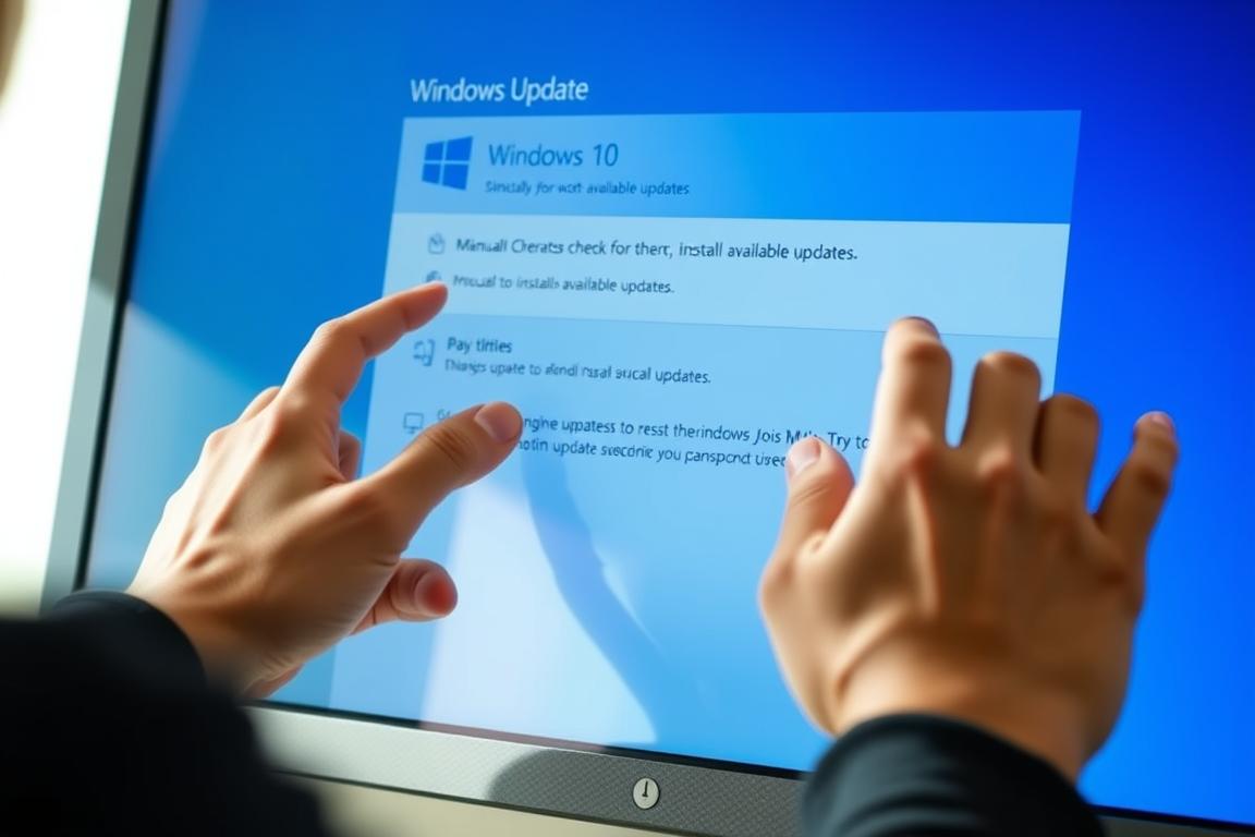 A close-up view of a person's hands interacting with a desktop computer screen, displaying the Windows 10 operating system. The screen shows the "Windows Update" settings panel, with options to manually check for and install available updates. The lighting is soft and natural, creating a calm and focused atmosphere. The image is captured from a slightly elevated angle, emphasizing the attention and care taken in the manual update process. The background is blurred, keeping the focus on the user's hands and the computer screen.