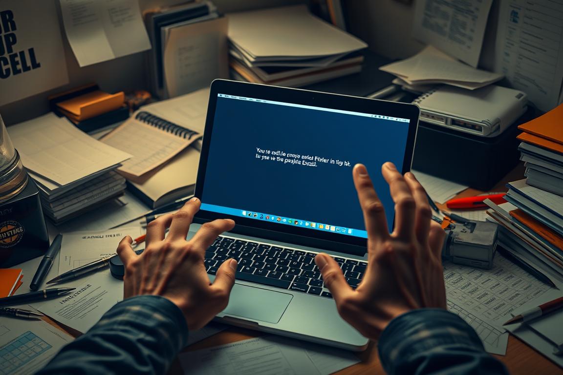 A cluttered desk with an open laptop displaying an error message on the screen, signaling a problem with an Excel file. The laptop is surrounded by office supplies, papers, and a frustrated user's hands reaching toward it, conveying a sense of urgency and the need for a quick solution. The lighting is warm and slightly dimmed, creating a focused, problem-solving atmosphere. The scene is captured from a slightly elevated angle, providing a comprehensive view of the workspace and the user's struggle with the technical issue. A cluttered desk with an open laptop displaying an error message on the screen, signaling a problem with an Excel file. The laptop is surrounded by office supplies, papers, and a frustrated user's hands reaching toward it, conveying a sense of urgency and the need for a quick solution. The lighting is warm and slightly dimmed, creating a focused, problem-solving atmosphere. The scene is captured from a slightly elevated angle, providing a comprehensive view of the workspace and the user's struggle with the technical issue.