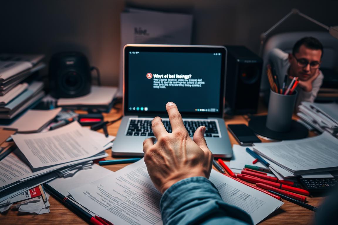 A cluttered desk with various office supplies and digital devices, representing common mistakes made in creative input and model training. The foreground features scattered papers, pens, and a frustrated person's hand. The middle ground shows a laptop displaying an error message, and the background is dimly lit, creating a sense of confusion and frustration. Soft, warm lighting highlights the chaos, and the overall composition conveys the need to avoid these frequent errors for successful creative workflows and model training. A cluttered desk with various office supplies and digital devices, representing common mistakes made in creative input and model training. The foreground features scattered papers, pens, and a frustrated person's hand. The middle ground shows a laptop displaying an error message, and the background is dimly lit, creating a sense of confusion and frustration. Soft, warm lighting highlights the chaos, and the overall composition conveys the need to avoid these frequent errors for successful creative workflows and model training.