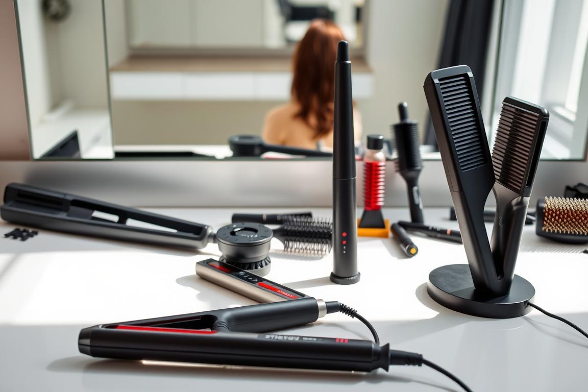 A collection of various types of hair straighteners, showcasing their distinctive features and designs, arranged on a sleek, modern vanity table. In the foreground, highlight three different straightener models: a ceramic straightener with a glossy finish, a titanium straightener in matte black, and a multifunctional straightener with twistable plates, all displayed elegantly. In the middle ground, soft ambient light enhances the allure of the devices, accompanied by neatly styled hair accessories, such as brushes and clips, subtly placed around them. The background features a softly blurred mirror reflecting the straighteners, creating a sense of depth. The overall mood is sophisticated and informative, ideal for illustrating a guide on hair straighteners, with a bright, natural light giving a fresh, inviting atmosphere. A collection of various types of hair straighteners, showcasing their distinctive features and designs, arranged on a sleek, modern vanity table. In the foreground, highlight three different straightener models: a ceramic straightener with a glossy finish, a titanium straightener in matte black, and a multifunctional straightener with twistable plates, all displayed elegantly. In the middle ground, soft ambient light enhances the allure of the devices, accompanied by neatly styled hair accessories, such as brushes and clips, subtly placed around them. The background features a softly blurred mirror reflecting the straighteners, creating a sense of depth. The overall mood is sophisticated and informative, ideal for illustrating a guide on hair straighteners, with a bright, natural light giving a fresh, inviting atmosphere.