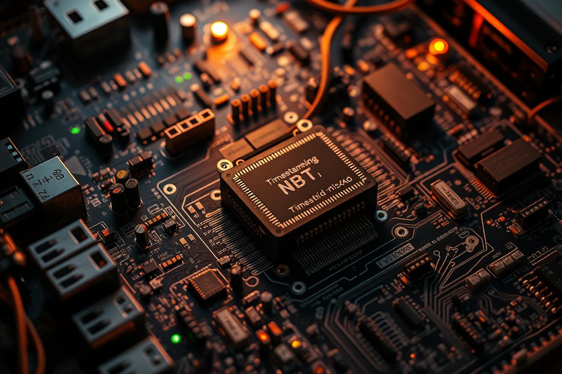 A complex circuit board with intricate electronic components, illuminated by warm, focused lighting that casts dramatic shadows. The board's surface is adorned with various ports, connectors, and diagnostic LEDs, symbolizing the troubleshooting and optimization process. The composition emphasizes the central area, where a prominent timestamp module stands out, its inner workings visible to the viewer. The overall scene conveys a sense of technical expertise, problem-solving, and the precise, methodical nature of Tx-Timestamping error correction.