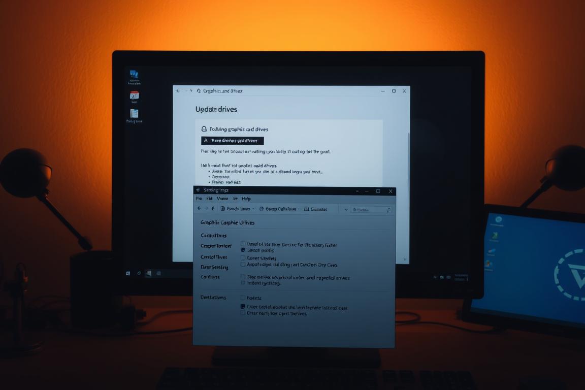 A computer screen displaying the process of updating graphics card drivers, with the operating system's settings panel open in the foreground. Warm, indirect lighting casts a soft glow on the desktop, creating a calm and focused atmosphere. The screen shows a progress bar and options for the driver update, emphasizing the technical nature of the task. The surrounding workspace is minimalist, with only essential items visible, directing the viewer's attention to the central action. The composition is well-balanced, with the screen occupying a dominant position while maintaining a sense of depth and context.