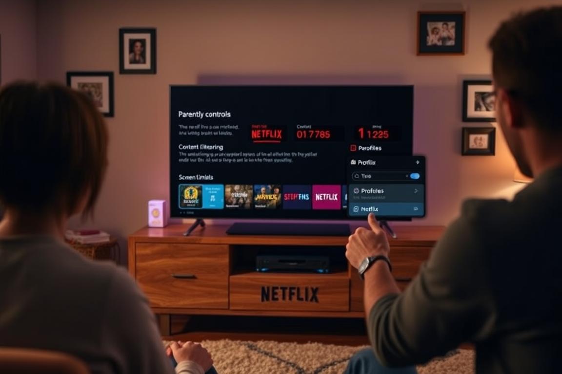 A cozy living room setting with a modern flat-screen TV centered on a wooden entertainment unit. In the foreground, a parent activates the Netflix parental controls, exploring various safety features like user profiles, content filtering, and screen time limits. The room is bathed in warm, soft lighting, creating a comforting atmosphere for family movie nights. The walls are adorned with family photos, and a plush rug adds to the homely ambiance. The overall scene conveys a sense of digital safety and parental guidance within the context of a family-friendly Netflix experience. A cozy living room setting with a modern flat-screen TV centered on a wooden entertainment unit. In the foreground, a parent activates the Netflix parental controls, exploring various safety features like user profiles, content filtering, and screen time limits. The room is bathed in warm, soft lighting, creating a comforting atmosphere for family movie nights. The walls are adorned with family photos, and a plush rug adds to the homely ambiance. The overall scene conveys a sense of digital safety and parental guidance within the context of a family-friendly Netflix experience.