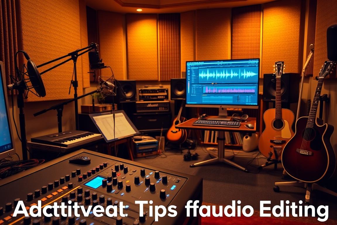 A cozy, well-equipped audio production studio with professional recording equipment, microphones, and sound-absorbing panels. In the foreground, a sleek audio mixer with various knobs and sliders, bathed in warm, ambient lighting. The middle ground features a high-end desktop computer with a large, high-resolution display, showcasing detailed audio waveforms and editing software. In the background, a collection of studio monitors, acoustic treatment, and musical instruments create a sense of depth and a professional, well-curated workspace. The overall atmosphere is one of focus, creativity, and technical expertise, perfectly suited for the "Additional Tips for Audio Editing" section.