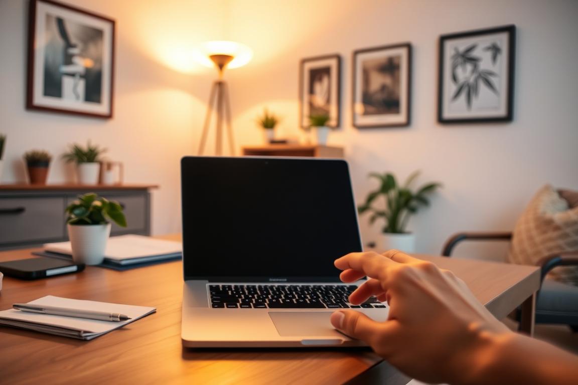 A cozy, well-lit home office with a large desk featuring an open laptop, writing materials, and a strategically placed plant. The walls are adorned with framed artwork, adding a touch of sophistication. Warm lighting from a floor lamp illuminates the scene, creating a calming and focused atmosphere. In the foreground, a hand hovers over the laptop's keyboard, suggesting the user is in the process of saving their work. The composition emphasizes the importance of preserving digital projects, hinting at the need for reliable backup solutions.