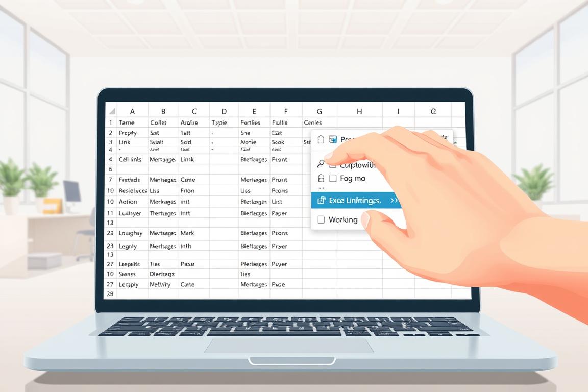 A crisp, high-resolution digital illustration showcasing the process of editing Excel hyperlinks. In the foreground, a laptop display depicts an Excel spreadsheet with several cell links, their properties and settings visible. In the middle ground, a hand hovers over the mouse, navigating through the link editing menu. The background depicts a clean, minimalist office setting with neutral tones, subtle grid patterns, and a sense of focus and productivity. The lighting is soft and evenly distributed, creating a clear, detailed image with a professional, technical aesthetic. A crisp, high-resolution digital illustration showcasing the process of editing Excel hyperlinks. In the foreground, a laptop display depicts an Excel spreadsheet with several cell links, their properties and settings visible. In the middle ground, a hand hovers over the mouse, navigating through the link editing menu. The background depicts a clean, minimalist office setting with neutral tones, subtle grid patterns, and a sense of focus and productivity. The lighting is soft and evenly distributed, creating a clear, detailed image with a professional, technical aesthetic.