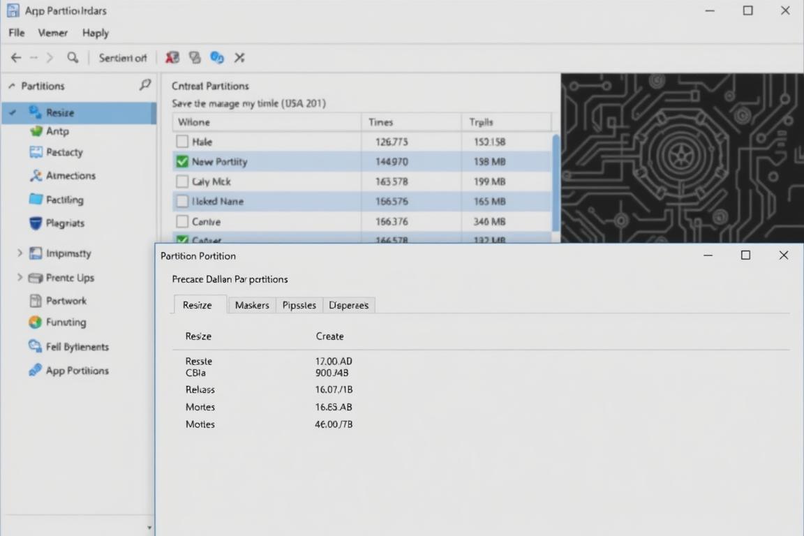A detailed and well-organized Windows 10 partition management interface, featuring a clean and intuitive design. The foreground showcases the main partition management tools, including options to resize, delete, and create new partitions. The middle ground displays a visual representation of the current disk layout, with clear delineation of each partition and its size. The background subtly conveys a sense of control and organization, with a muted color palette and technical schematics suggesting the underlying complexity of the system. The overall mood is one of precise, efficient partition management, with a focus on providing the user with a comprehensive and user-friendly experience.