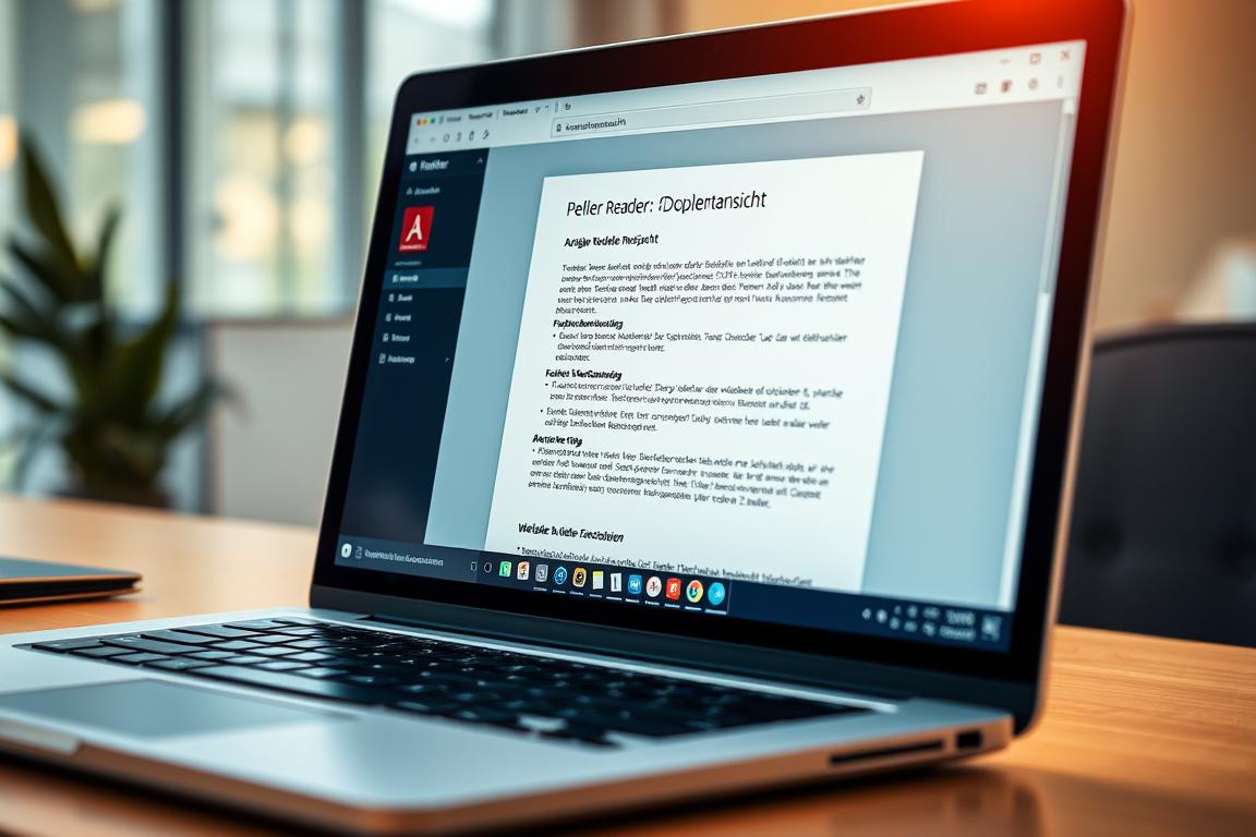 A detailed close-up view of a laptop screen displaying the Adobe Reader application, with the "Doppelseitenansicht" (double-page view) feature activated. The screen shows a PDF document with a focus on the "Fehlerbehebung und praktische Tipps zur Aktivierung" (Troubleshooting and practical tips for activation) section, illuminated by warm, natural lighting that highlights the document's content and the laptop's sleek, metallic design. The composition emphasizes the user's interaction with the software, conveying a sense of productivity and problem-solving in a professional, office-like setting. A detailed close-up view of a laptop screen displaying the Adobe Reader application, with the "Doppelseitenansicht" (double-page view) feature activated. The screen shows a PDF document with a focus on the "Fehlerbehebung und praktische Tipps zur Aktivierung" (Troubleshooting and practical tips for activation) section, illuminated by warm, natural lighting that highlights the document's content and the laptop's sleek, metallic design. The composition emphasizes the user's interaction with the software, conveying a sense of productivity and problem-solving in a professional, office-like setting.