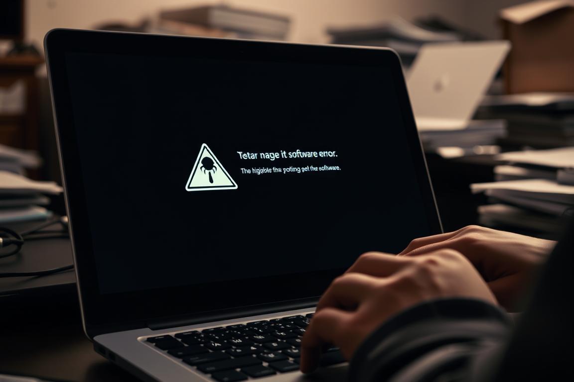 A detailed closeup view of a laptop screen displaying a software error message, with a person's hands hovering over the keyboard, appearing frustrated. The screen shows a technical error code and an ominous warning icon. The lighting is harsh and unflattering, casting shadows across the scene. The background is blurred, suggesting a cluttered office environment. The overall atmosphere conveys a sense of technical difficulty and the need to troubleshoot and resolve a software-related problem.