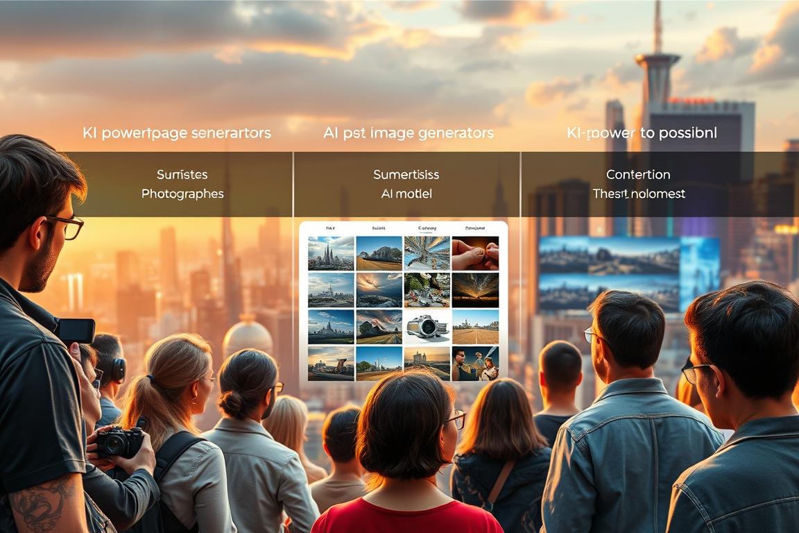 A detailed comparison of KI-powered image generators, showcasing their unique capabilities and creative potential. In the foreground, a group of diverse characters - digital artists, photographers, and visionaries - examine the latest AI-generated artworks with rapt attention. The middle ground features a grid of thumbnails, each representing a different AI model, allowing for side-by-side comparisons. The background is a vibrant, futuristic cityscape, hinting at the transformative impact of these revolutionary technologies. Warm lighting and a sense of wonder pervade the scene, capturing the excitement and possibilities of this emerging field.
