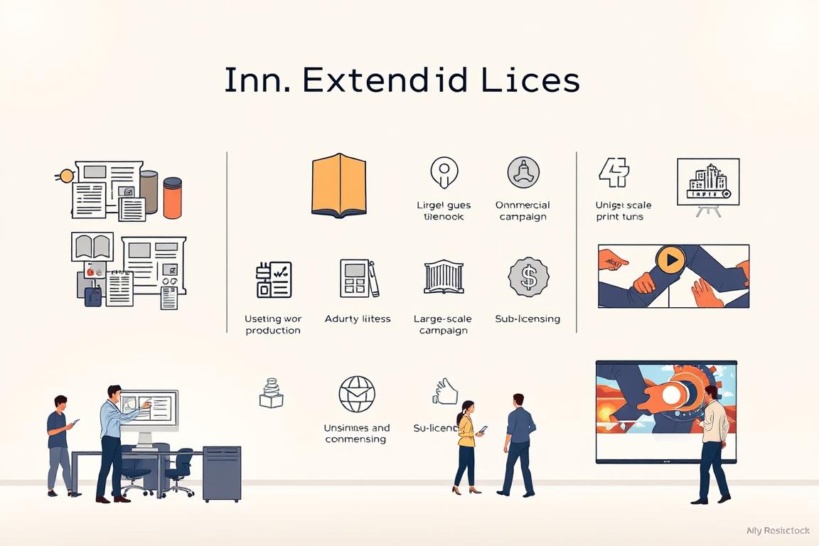 A detailed digital illustration showcasing the key use cases for an Extended License on Adobe Stock. In the foreground, a diverse set of business scenarios are depicted - a branding design, a book cover, a video production, and a large-scale advertising campaign. The middle ground features icons and infographic elements highlighting the specific rights and permissions granted by an Extended License, such as the ability to use the content for commercial products, unlimited print runs, and sub-licensing. The background has a clean, minimalist aesthetic with a soft, warm lighting to convey a professional, authoritative tone. The overall composition is balanced, with a clear hierarchical structure to guide the viewer's attention to the most salient information. A detailed digital illustration showcasing the key use cases for an Extended License on Adobe Stock. In the foreground, a diverse set of business scenarios are depicted - a branding design, a book cover, a video production, and a large-scale advertising campaign. The middle ground features icons and infographic elements highlighting the specific rights and permissions granted by an Extended License, such as the ability to use the content for commercial products, unlimited print runs, and sub-licensing. The background has a clean, minimalist aesthetic with a soft, warm lighting to convey a professional, authoritative tone. The overall composition is balanced, with a clear hierarchical structure to guide the viewer's attention to the most salient information.