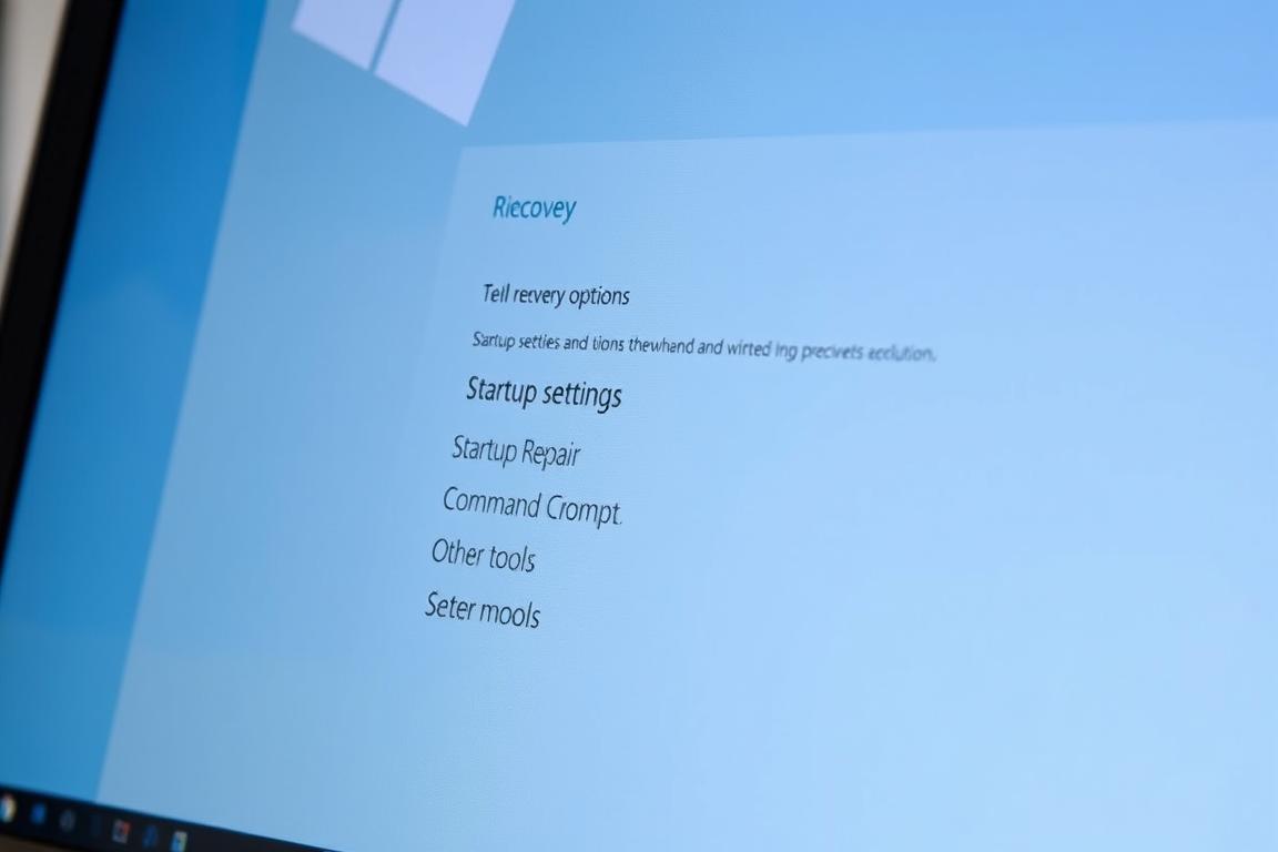 A detailed, high-resolution image of the Windows 10 advanced recovery options screen, captured from a slightly elevated angle with natural lighting and a shallow depth of field. The foreground features the main recovery options - Startup Settings, Startup Repair, Command Prompt, and other tools - with clear, legible text. The middle ground showcases the Windows logo and background, presenting a sense of familiarity and professionalism. The background is slightly blurred, drawing the viewer's attention to the key recovery elements. The overall mood is one of problem-solving and troubleshooting, with a clean, technical aesthetic.