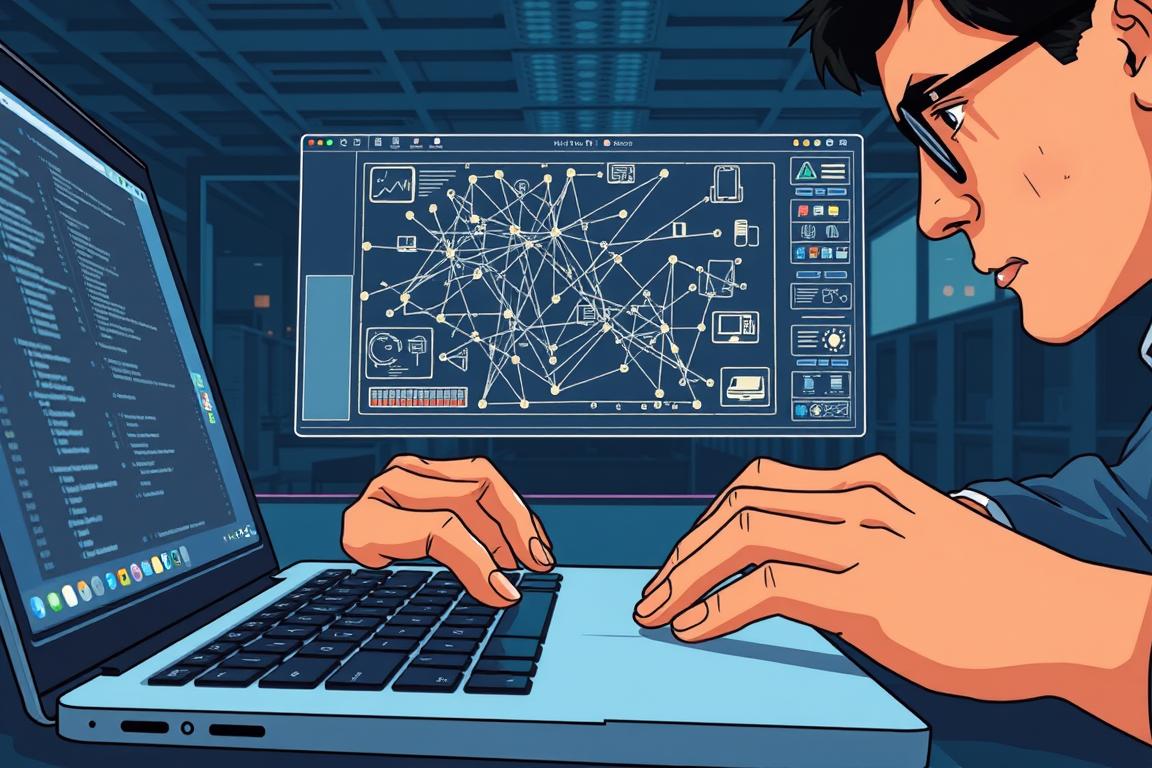 A detailed illustration of a person solving advanced network problems on a laptop. The foreground shows the person's hands typing on the keyboard, with a focused expression on their face. The middle ground displays the laptop screen, depicting a complex network diagram with various icons and indicators. The background features a dimly lit office environment, with subtle lighting highlighting the person's work. The overall mood conveys a sense of determination and problem-solving as the user navigates through the intricacies of the network issues.