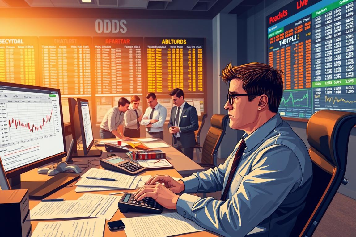 A detailed illustration of the process of sports betting odds creation, showcasing a busy bookmaker's office. In the foreground, a focused analyst, dressed in professional attire, is seated at a desk cluttered with spreadsheets, calculators, and a large monitor displaying fluctuating odds. In the middle ground, several colleagues engage in discussions, reviewing data and charts, emphasizing collaboration. The background features a large digital board with real-time odds updates and sporting events, casting a soft glow on the scene. Use warm, inviting lighting to create an atmosphere of intensity and professionalism, captured from a slightly elevated angle to convey a comprehensive view of the workspace. The overall mood should reflect focus, teamwork, and the dynamic nature of the betting industry.