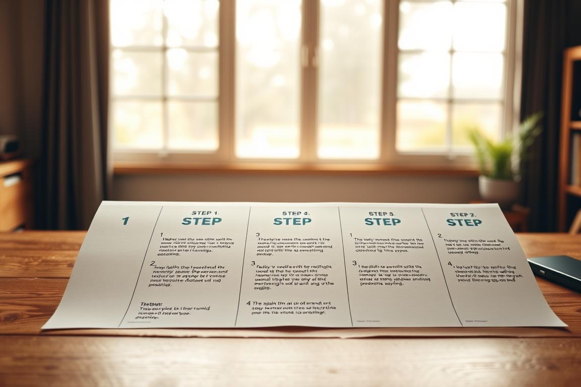 A detailed step-by-step guide laid out on a wooden desk, illuminated by warm, natural lighting from a large window. The steps are represented by clean, minimalist icons and text, guiding the viewer through a process with clarity and simplicity. The background is a soft, blurred gradient, allowing the instructions to take center stage. The overall mood is one of helpful, accessible information, making the complex seem straightforward. The composition is balanced and visually appealing, inviting the viewer to follow along. A detailed step-by-step guide laid out on a wooden desk, illuminated by warm, natural lighting from a large window. The steps are represented by clean, minimalist icons and text, guiding the viewer through a process with clarity and simplicity. The background is a soft, blurred gradient, allowing the instructions to take center stage. The overall mood is one of helpful, accessible information, making the complex seem straightforward. The composition is balanced and visually appealing, inviting the viewer to follow along.