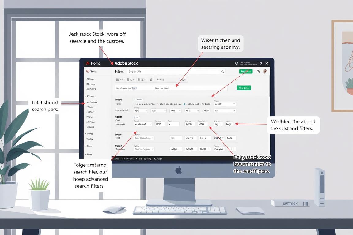 A detailed, step-by-step guide on using the advanced search filters on Adobe Stock, showcased in a realistic digital illustration. The scene depicts a large desktop computer screen displaying the Adobe Stock website, with various filter options and search parameters prominently featured. The interface is clean, intuitive, and visually appealing, emphasizing the user-friendly nature of the platform. Soft, natural lighting illuminates the scene, creating a calming and professional atmosphere. The composition is balanced, with the screen taking up the majority of the frame, surrounded by a minimalist office setting. The overall mood conveys a sense of productivity, efficiency, and the seamless integration of technology in the creative workflow.