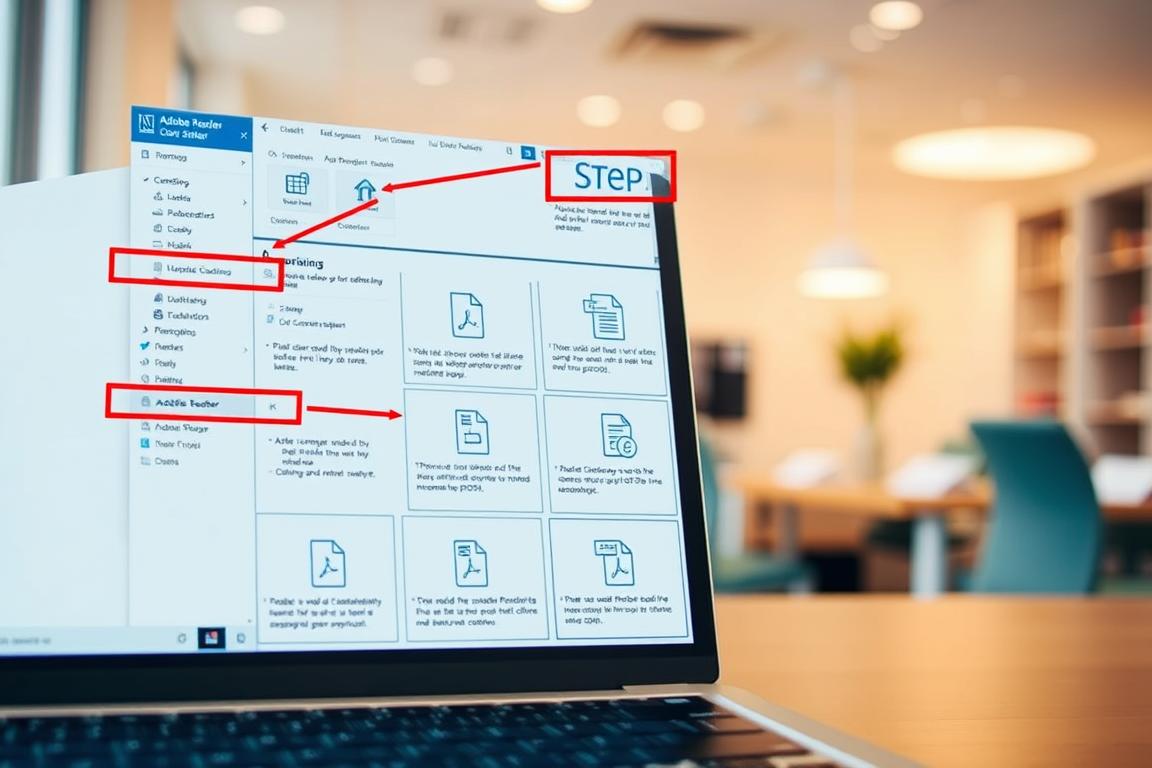 A detailed step-by-step guide to resolving Adobe Reader errors, presented in a clean and informative visual format. The foreground depicts a laptop screen displaying the Adobe Reader interface, with highlighted menus and options guiding the user through the troubleshooting process. The middle ground showcases visual cues and infographic-style illustrations to clearly communicate each step. The background provides a softly blurred, office-like environment, conveying a sense of productivity and professionalism. Warm, neutral lighting creates a calming atmosphere, while the camera angle suggests a slightly elevated, instructional perspective. The overall composition aims to deliver a comprehensive, easy-to-follow visual aid for troubleshooting Adobe Reader errors. A detailed step-by-step guide to resolving Adobe Reader errors, presented in a clean and informative visual format. The foreground depicts a laptop screen displaying the Adobe Reader interface, with highlighted menus and options guiding the user through the troubleshooting process. The middle ground showcases visual cues and infographic-style illustrations to clearly communicate each step. The background provides a softly blurred, office-like environment, conveying a sense of productivity and professionalism. Warm, neutral lighting creates a calming atmosphere, while the camera angle suggests a slightly elevated, instructional perspective. The overall composition aims to deliver a comprehensive, easy-to-follow visual aid for troubleshooting Adobe Reader errors.