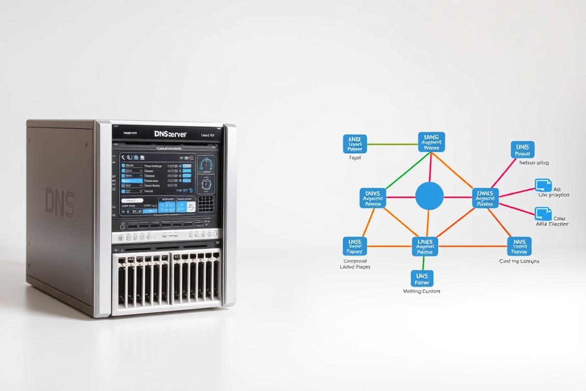 A detailed, technical diagram of DNS server configuration settings, presented against a clean, minimalist backdrop. The foreground features a sleek, silver server chassis with a central dashboard displaying various network parameters and connectivity options. The middle ground showcases a dynamic network topology, with color-coded arrows and nodes representing the flow of DNS queries and responses. The background is a soft, neutral gradient, allowing the technical elements to stand out prominently. The overall mood is one of precision, efficiency, and problem-solving, reflecting the user's need to troubleshoot and optimize their network infrastructure.