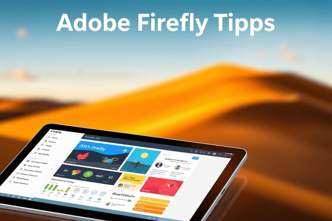 A detailed, technical illustration of "Adobe Firefly Tipps" for use in an article about running Firefly on iPadOS. The foreground shows an iPad Pro with Firefly open, displaying various settings and controls. The middle ground features colorful graphics and icons related to Firefly's features and capabilities. The background depicts a soft, blurred landscape with warm lighting, conveying a sense of creativity and productivity. The overall composition is clean, balanced, and optimized for high-quality rendering by a Stable Diffusion text-to-image model.