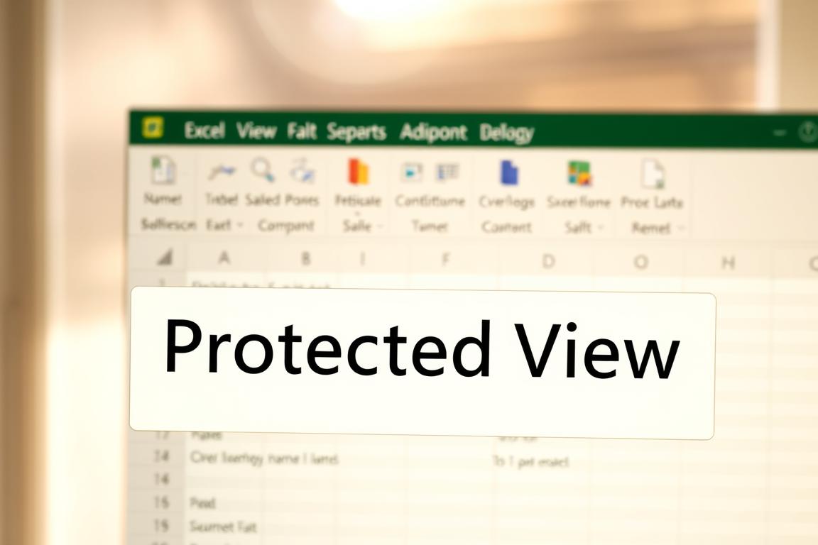 A detailed view of the Excel application window, focused on the "Protected View" indicator. The window is bathed in warm, natural lighting, casting a soft glow on the user interface. The foreground prominently displays the "Protected View" label, its text rendered in a bold, clean font. In the middle ground, the Excel ribbon controls are visible, showcasing the various options available for the user to interact with the document. The background softly depicts the spreadsheet data, hinting at the content the user is attempting to access. The overall atmosphere conveys a sense of informative guidance, encouraging the user to understand and navigate the "Protected View" feature. A detailed view of the Excel application window, focused on the "Protected View" indicator. The window is bathed in warm, natural lighting, casting a soft glow on the user interface. The foreground prominently displays the "Protected View" label, its text rendered in a bold, clean font. In the middle ground, the Excel ribbon controls are visible, showcasing the various options available for the user to interact with the document. The background softly depicts the spreadsheet data, hinting at the content the user is attempting to access. The overall atmosphere conveys a sense of informative guidance, encouraging the user to understand and navigate the "Protected View" feature.