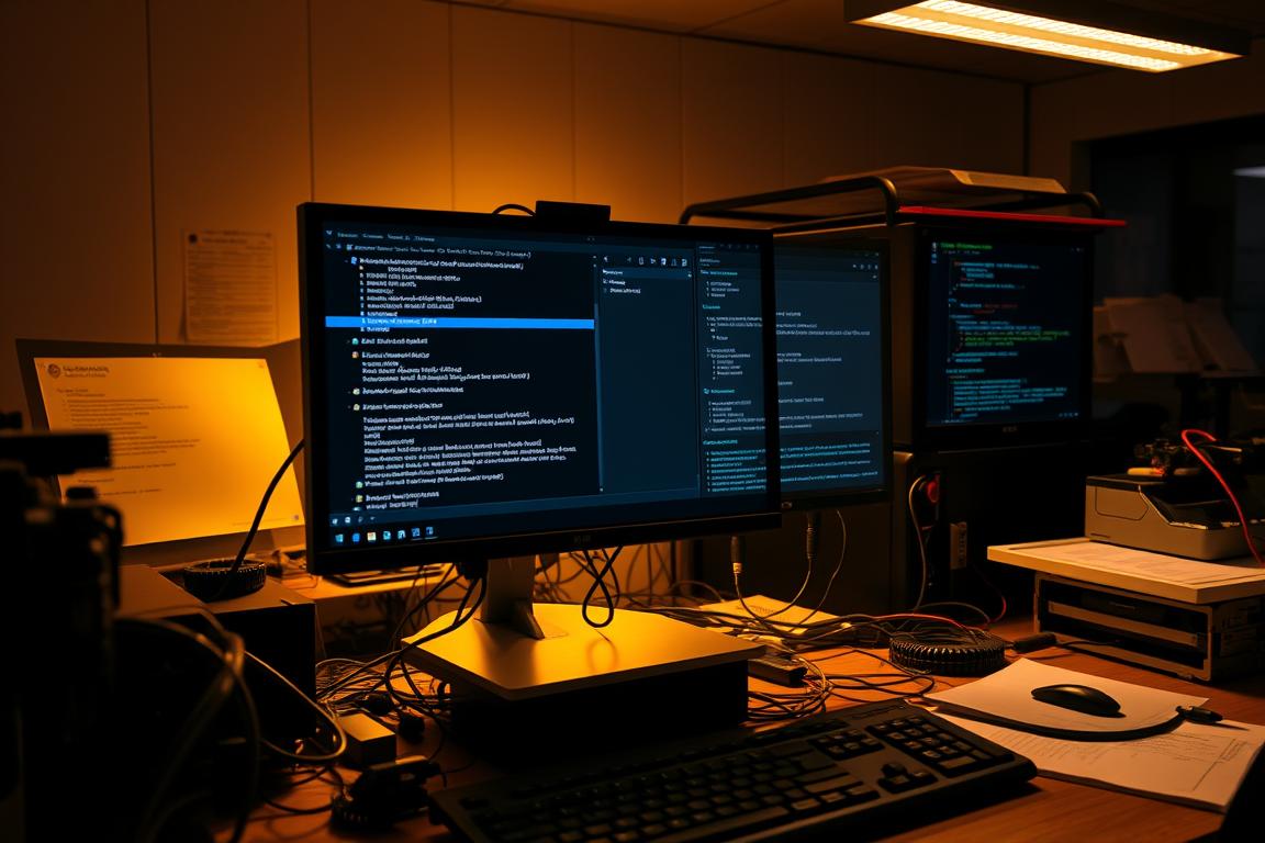 A diagnostic workstation in a dimly lit office space, with a desktop computer monitor displaying various system information and diagnostic tools. The screen shows detailed system reports, error logs, and troubleshooting steps. The workstation is surrounded by technical equipment, cables, and a cluttered workspace, suggesting an experienced IT professional diligently investigating and resolving a complex system issue. The lighting is warm and focused, creating a sense of concentration and intensity. The overall scene conveys the challenge of diagnosing and troubleshooting a Windows system error.