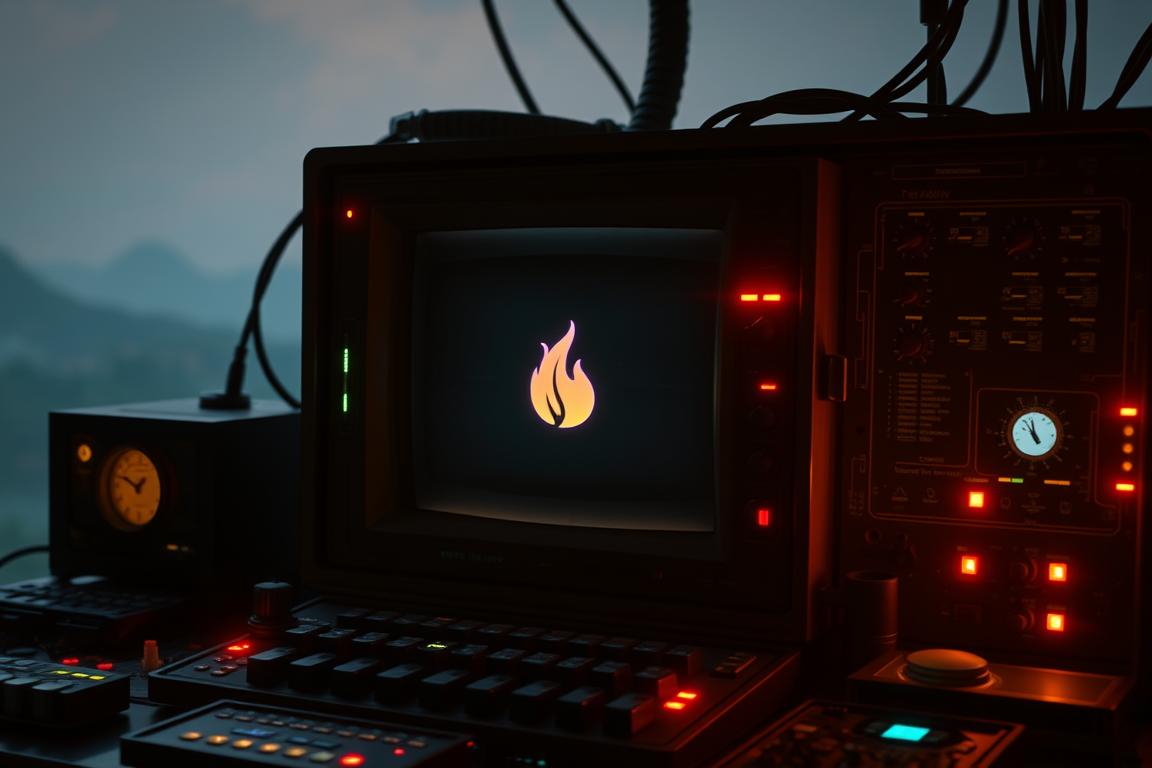 A dimly lit, analog-style computer interface with a central display showing a firefly icon. The interface is surrounded by glowing circuit boards, blinking lights, and various dials and switches. The background is a hazy, digital landscape with a sense of depth and mystery. The overall mood is one of retro-futuristic technology and the challenge of restoring lost settings. The image should convey the feeling of working to recover customized Firefly configurations through hands-on tinkering with this complex, vintage-inspired system.