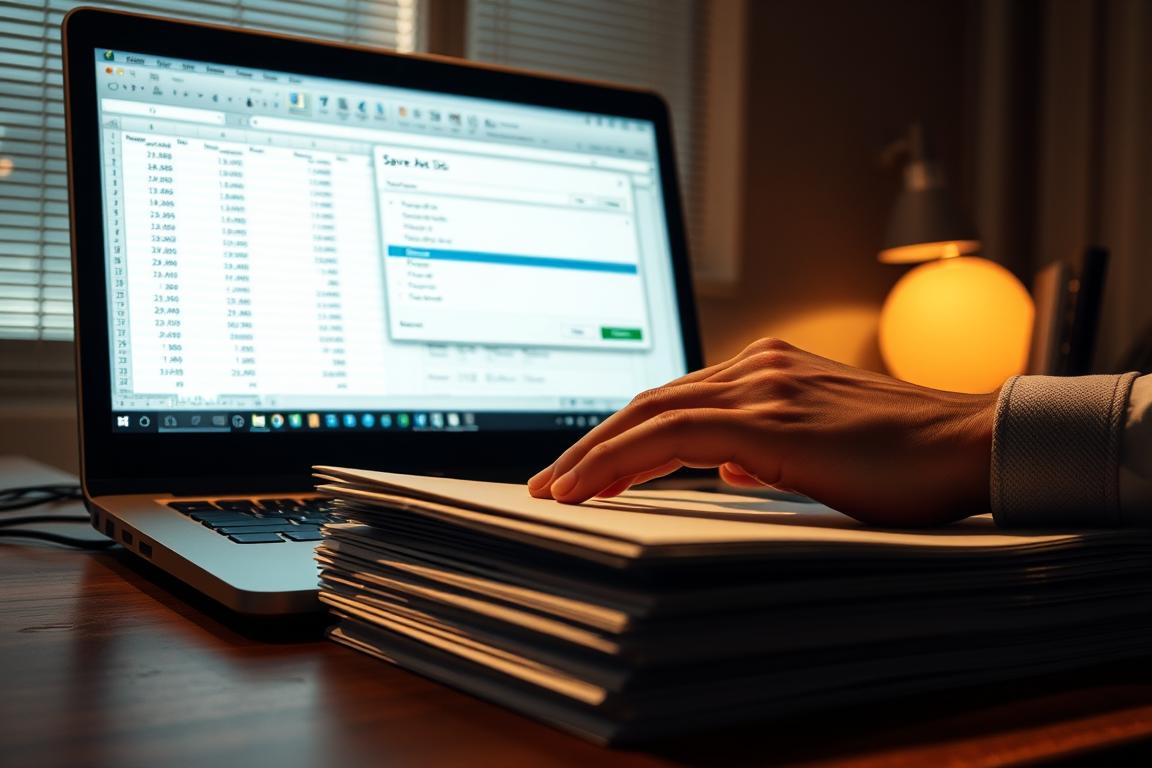 A dimly lit computer desk, with a laptop screen displaying an Excel spreadsheet. The user's hand hovers over the "Save As" dialog box, contemplating the options. In the foreground, a stack of printed Excel sheets sits neatly, underscoring the need to reduce file size. The background features a subtle, blurred office environment, conveying a sense of professionalism and attention to detail. The lighting is warm and subdued, creating a contemplative atmosphere as the user considers the optimal file format to save the Excel data in a compact binary format. A dimly lit computer desk, with a laptop screen displaying an Excel spreadsheet. The user's hand hovers over the "Save As" dialog box, contemplating the options. In the foreground, a stack of printed Excel sheets sits neatly, underscoring the need to reduce file size. The background features a subtle, blurred office environment, conveying a sense of professionalism and attention to detail. The lighting is warm and subdued, creating a contemplative atmosphere as the user considers the optimal file format to save the Excel data in a compact binary format.