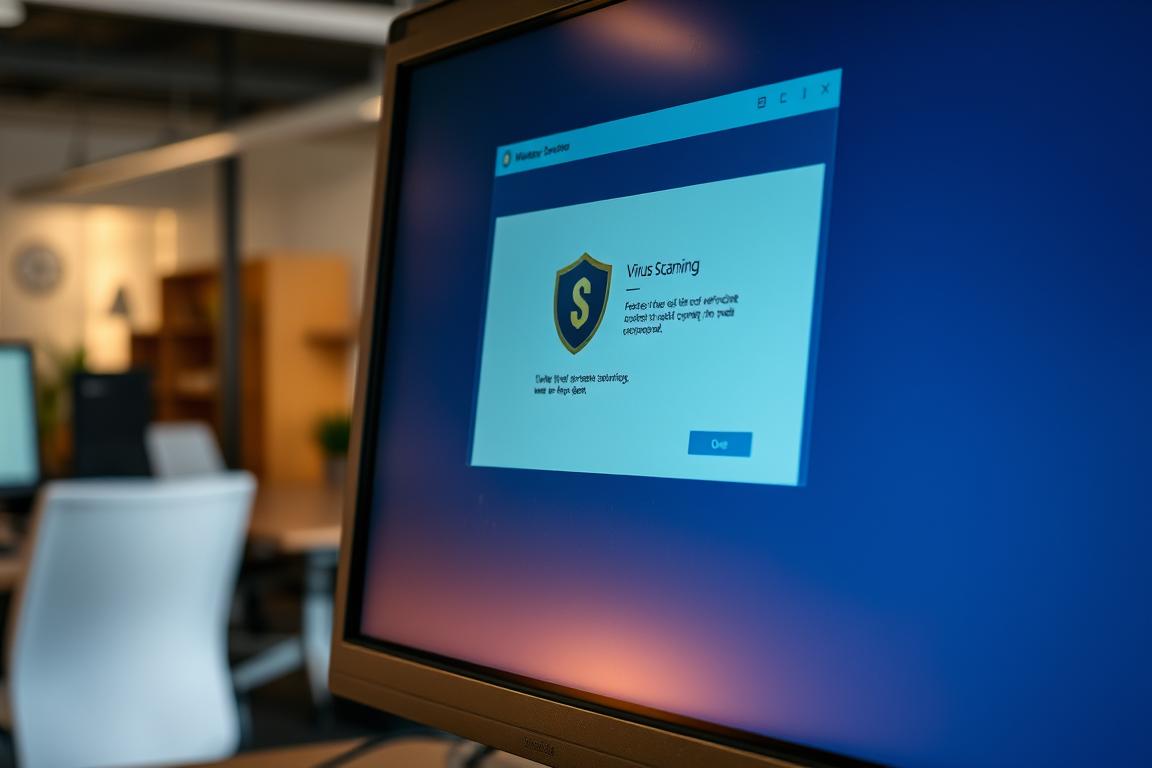 A dimly lit computer screen displays a Windows system interface, with a prominent virus scanning application in the foreground. The screen's surface appears slightly worn and weathered, conveying a sense of routine usage. Soft, warm lighting from the side casts subtle shadows, adding depth and texture to the scene. In the background, a blurred office environment with generic furniture and decor creates an atmosphere of a practical, utilitarian workspace. The overall tone is one of focused concentration, with the virus scan serving as a vital task to maintain the system's health and performance.