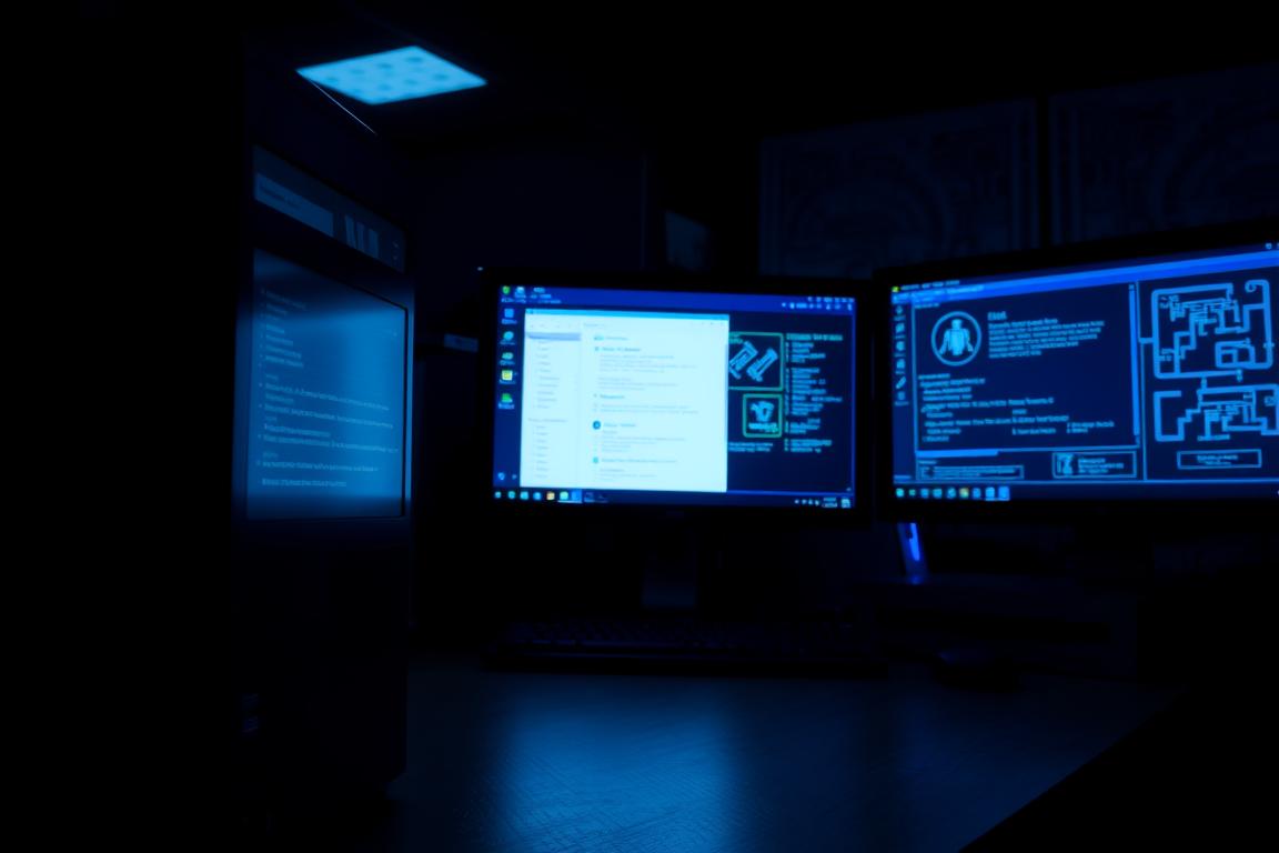 A dimly lit computer workstation, with a desktop PC and monitors displaying various windows and diagrams related to advanced system repair in Windows 10. The scene has a serious, technical atmosphere, with subtle blue and green tones in the lighting. The foreground shows the PC's components and ports, while the middle ground displays diagnostic tools and command prompts. The background features subtle schematics and technical illustrations relevant to the "Erweiterte Systemreparatur" topic, creating a sense of depth and context. The overall composition conveys a sense of problem-solving and technical expertise required to address the "Herunterfahren-Problem" in Windows 10. A dimly lit computer workstation, with a desktop PC and monitors displaying various windows and diagrams related to advanced system repair in Windows 10. The scene has a serious, technical atmosphere, with subtle blue and green tones in the lighting. The foreground shows the PC's components and ports, while the middle ground displays diagnostic tools and command prompts. The background features subtle schematics and technical illustrations relevant to the "Erweiterte Systemreparatur" topic, creating a sense of depth and context. The overall composition conveys a sense of problem-solving and technical expertise required to address the "Herunterfahren-Problem" in Windows 10.