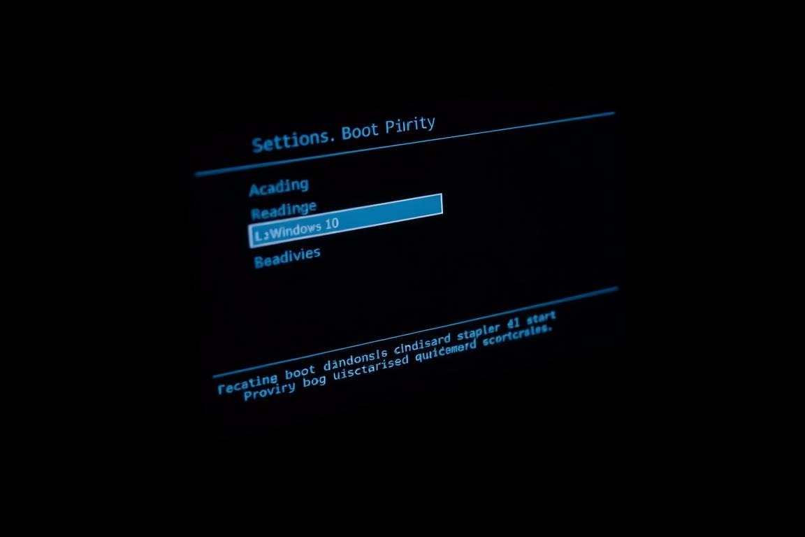 A dimly lit, high-angle view of a desktop computer's BIOS screen, displaying the "Boot Priority" settings menu. The screen shows a list of boot devices in a clean, minimalist interface, with the selected device highlighted. The screen is surrounded by a dark, blurred background, creating a focused, technical atmosphere. The lighting is subtle, with a slight vignette effect to draw the viewer's attention to the central BIOS screen. The overall composition conveys a sense of precision and attention to detail, reflecting the importance of properly configuring the boot priority for a fast Windows 10 startup.