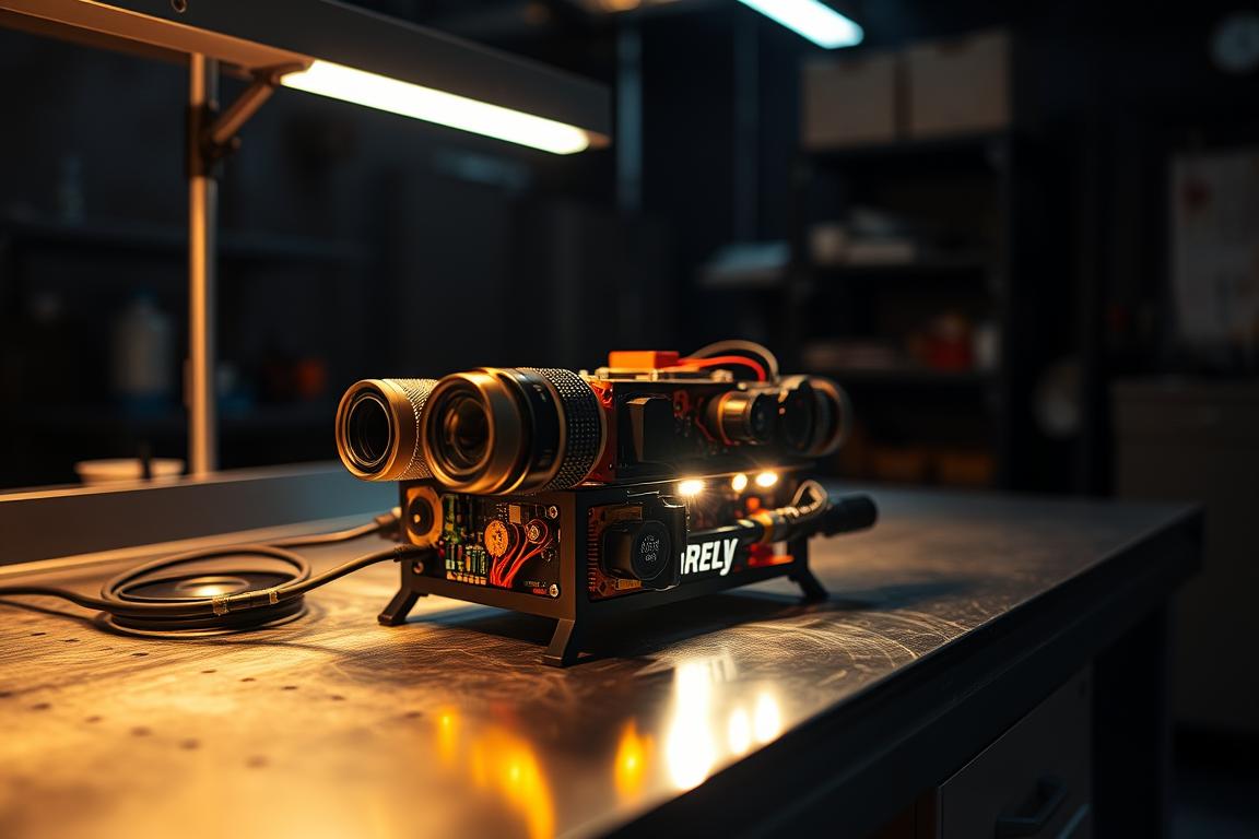 A dimly lit laboratory, the Firefly 3 device rests on a sleek, steel workbench, its intricate components illuminated by the warm glow of task lighting. Lenses, circuits, and wires are meticulously arranged, hinting at the precision engineering behind this cutting-edge imaging technology. The atmosphere is one of scientific inquiry, with a sense of focused determination to uncover the secrets of superior image quality. The background is shrouded in shadows, drawing the viewer's attention to the central device, the star of this scene. Subtle ambient lighting casts subtle highlights, emphasizing the object's elegant design and attention to detail.