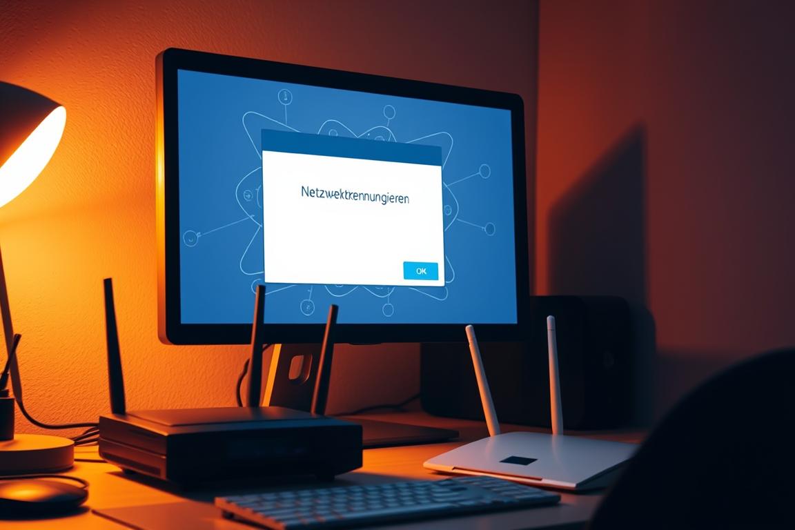 A dimly lit office scene with a desktop computer and various network devices, such as a router and a modem, prominently displayed on the desk. The computer screen shows a window with the text "Netzwerkerkennung aktivieren" against a backdrop of a stylized network diagram. Soft, warm lighting creates an atmosphere of concentration and focus, while the overall composition suggests the user is engaged in troubleshooting a network connectivity issue. The scene is captured from a slightly elevated angle, giving a sense of depth and perspective to the image.