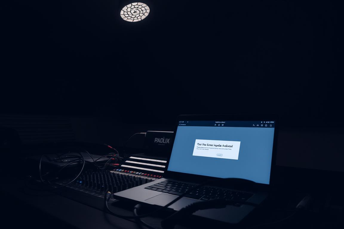 A dimly lit recording studio, the audio interface on a desk surrounded by various cables and audio equipment. The screen of a laptop displays an error message, indicating an issue with the Adobe Express Audio software. The room has a moody, atmospheric lighting, with shadows and highlights creating a sense of tension and frustration. The overall scene conveys the user's struggle to troubleshoot the audio problem, with the technology seeming to malfunction, creating a sense of technical difficulty and uncertainty.