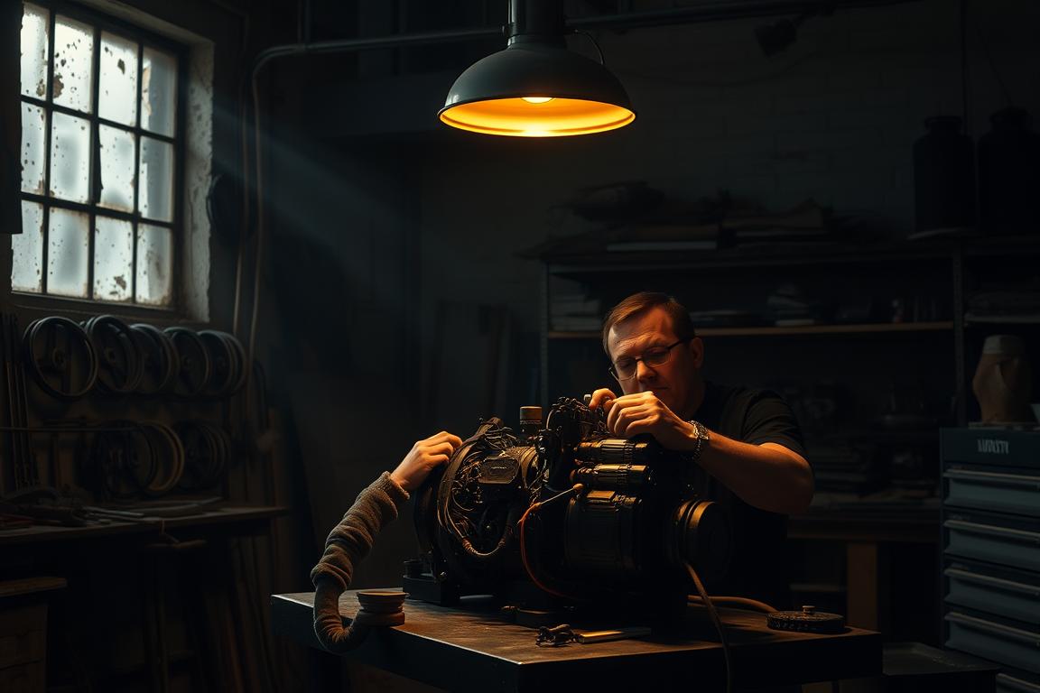 A dimly lit workshop, its walls lined with shelves of tools and spare parts. In the center, a workbench stands, illuminated by a warm overhead light that casts a soft glow on the intricate mechanisms of an Adobe Firefly device being meticulously maintained. Skilled hands tinker with delicate components, adjusting settings and cleaning intricate circuits. The air is heavy with the scent of machine oil and the quiet concentration of the technician. Shafts of light filter in through grimy windows, adding to the moody, industrial atmosphere. The scene conveys the dedication and attention to detail required to keep this powerful creative tool running at its best. A dimly lit workshop, its walls lined with shelves of tools and spare parts. In the center, a workbench stands, illuminated by a warm overhead light that casts a soft glow on the intricate mechanisms of an Adobe Firefly device being meticulously maintained. Skilled hands tinker with delicate components, adjusting settings and cleaning intricate circuits. The air is heavy with the scent of machine oil and the quiet concentration of the technician. Shafts of light filter in through grimy windows, adding to the moody, industrial atmosphere. The scene conveys the dedication and attention to detail required to keep this powerful creative tool running at its best.