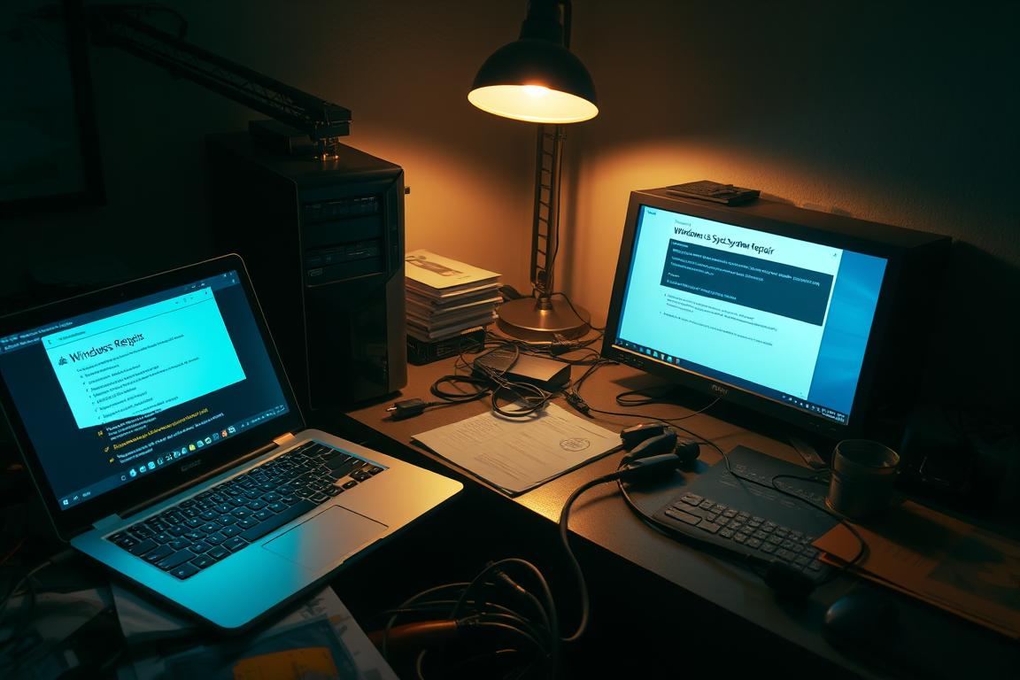 A dimly-lit workspace with an open laptop and a computer tower on a cluttered desk. The laptop screen displays a Windows system repair interface, with diagnostic menus and options to fix system files. The desk is cluttered with tools, cables, and documents, conveying a sense of frustration and a need to resolve a technical issue. Soft, warm lighting from a desk lamp illuminates the scene, casting shadows and creating an atmosphere of focused problem-solving. The image should have a sense of technical proficiency and a determination to overcome a Windows system problem.