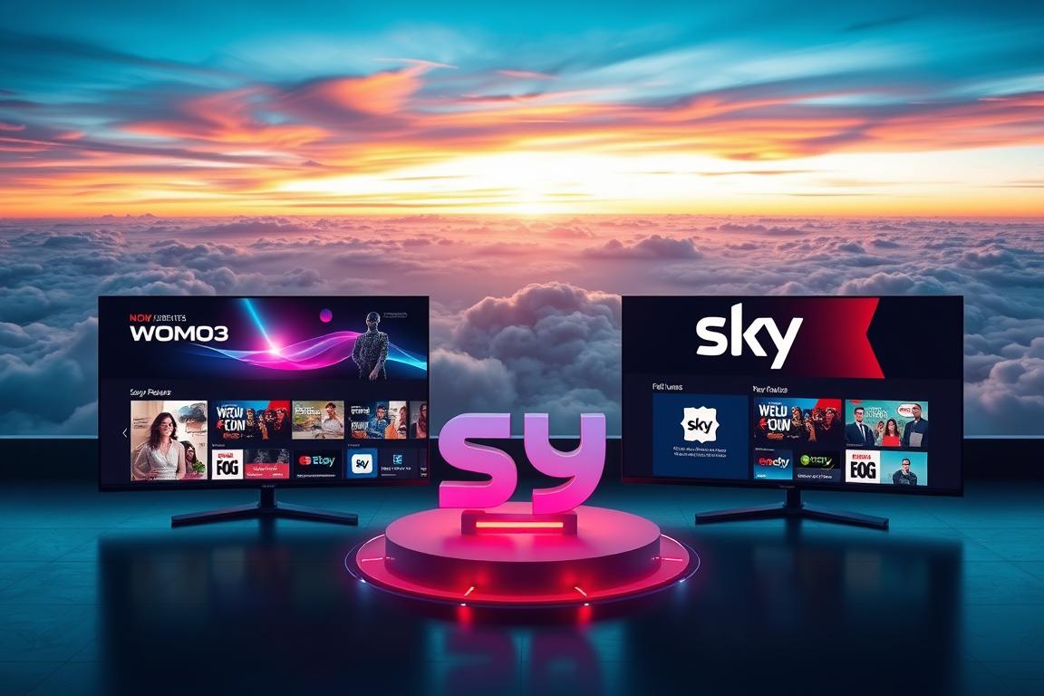 A dramatic, cinematic scene showcasing the contrast between the sleek, modern WOW streaming platform and the iconic Sky Abo service. In the foreground, twin screens display the distinct UI designs and content offerings of each service, bathed in a cool, futuristic lighting. The middle ground features a dynamic 3D visualization of key features and pricing details, presented in a clean, data-driven style. In the distant background, a stunning panoramic vista of a vibrant, cloud-swept sky, symbolizing the vast digital landscape these platforms operate within. The overall composition conveys a sense of innovation, comparison, and the evolving media landscape. A dramatic, cinematic scene showcasing the contrast between the sleek, modern WOW streaming platform and the iconic Sky Abo service. In the foreground, twin screens display the distinct UI designs and content offerings of each service, bathed in a cool, futuristic lighting. The middle ground features a dynamic 3D visualization of key features and pricing details, presented in a clean, data-driven style. In the distant background, a stunning panoramic vista of a vibrant, cloud-swept sky, symbolizing the vast digital landscape these platforms operate within. The overall composition conveys a sense of innovation, comparison, and the evolving media landscape.