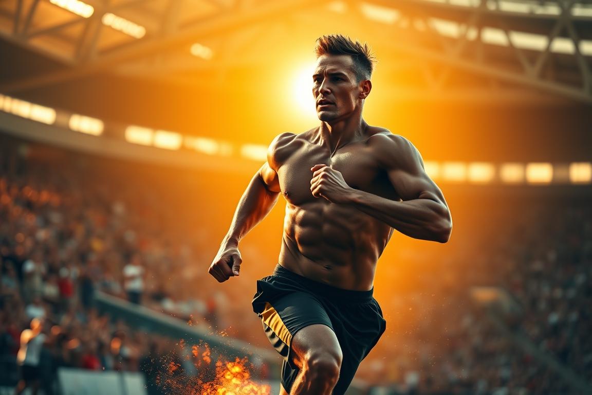 A dynamic athlete in mid-stride, muscles rippling with power, set against a backdrop of a vibrant sports stadium. Warm golden lighting casts a glow, highlighting the athlete's determined expression. In the foreground, a shimmering halo of energy surrounds the figure, symbolizing the intense focus and determination required for peak performance. In the middle ground, blurred spectators cheer, their enthusiasm palpable. The background features the imposing architecture of the stadium, conveying a sense of scale and the grandeur of the sporting event. The overall mood is one of intensity, athleticism, and the triumph of the human spirit through rigorous training and regeneration. A dynamic athlete in mid-stride, muscles rippling with power, set against a backdrop of a vibrant sports stadium. Warm golden lighting casts a glow, highlighting the athlete's determined expression. In the foreground, a shimmering halo of energy surrounds the figure, symbolizing the intense focus and determination required for peak performance. In the middle ground, blurred spectators cheer, their enthusiasm palpable. The background features the imposing architecture of the stadium, conveying a sense of scale and the grandeur of the sporting event. The overall mood is one of intensity, athleticism, and the triumph of the human spirit through rigorous training and regeneration.
